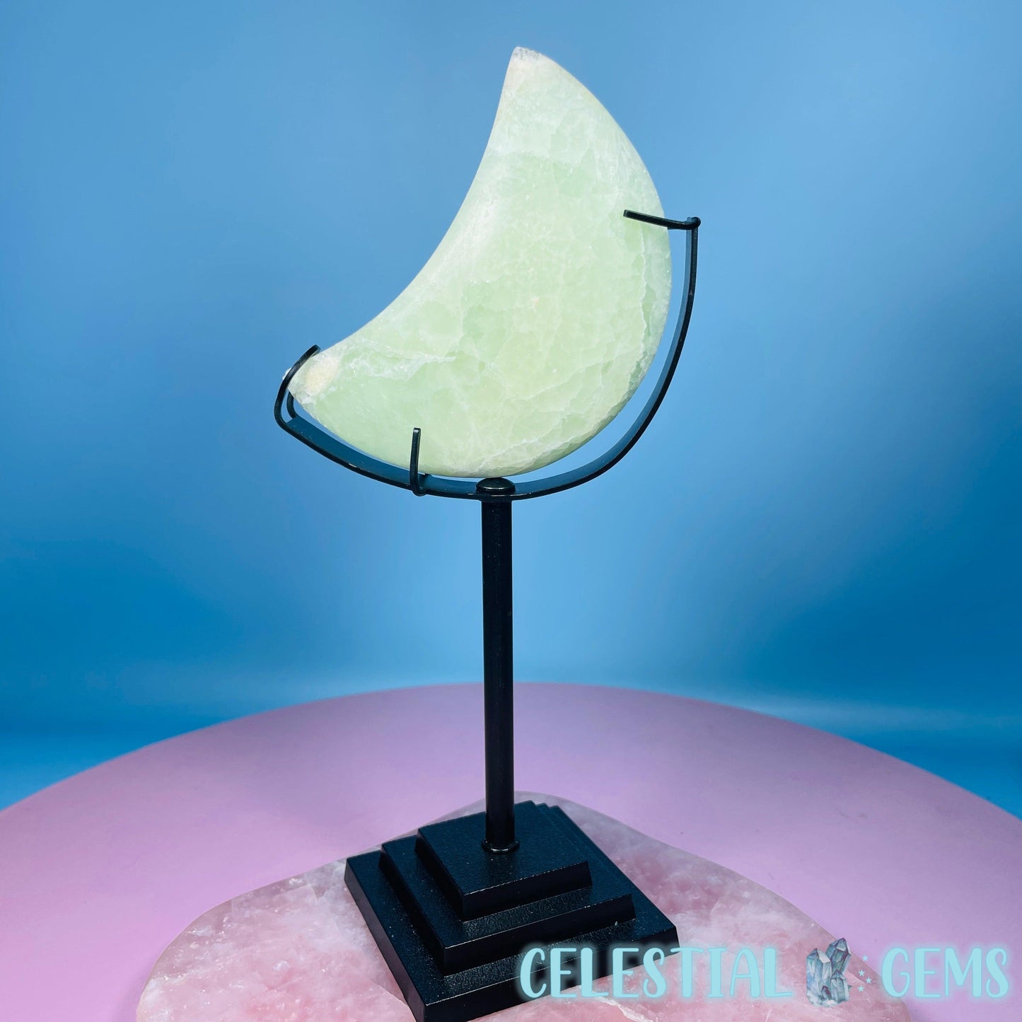 Druzy Pistachio Calcite Moon Medium Carving in Stand