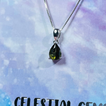 Faceted Moldavite Teardrop 925 Silver Necklace