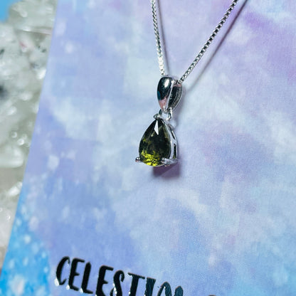 Faceted Moldavite Teardrop 925 Silver Necklace