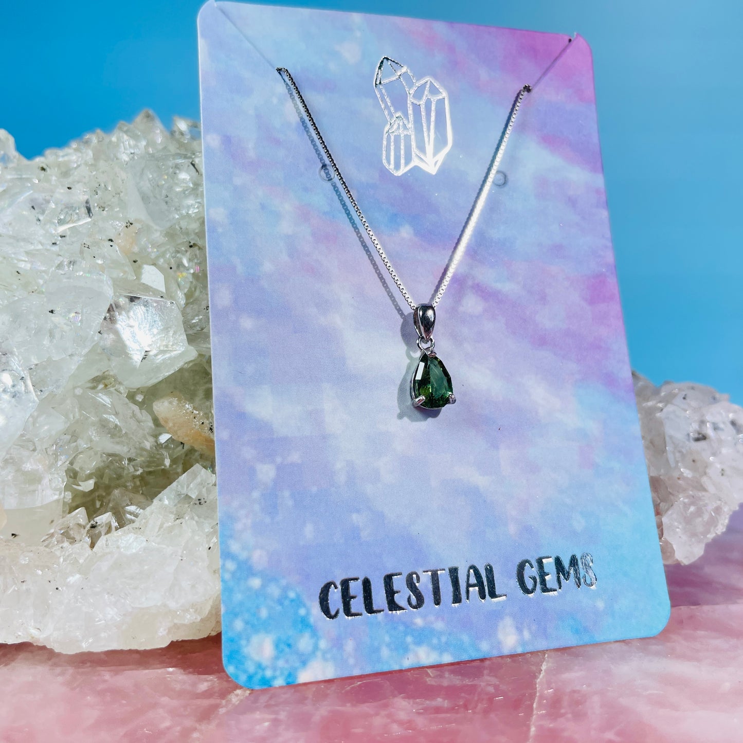 Faceted Moldavite Teardrop 925 Silver Necklace