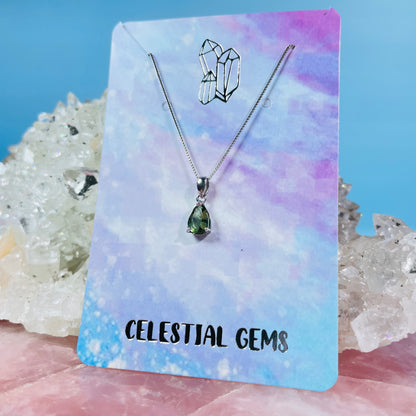 Faceted Moldavite Teardrop 925 Silver Necklace