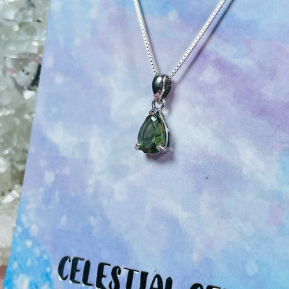 Faceted Moldavite Teardrop 925 Silver Necklace
