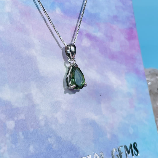 Faceted Moldavite Teardrop 925 Silver Necklace