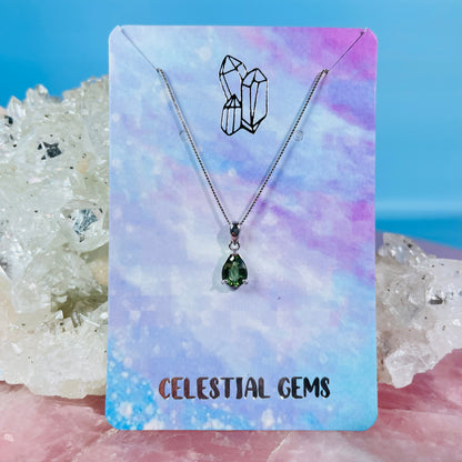 Faceted Moldavite Teardrop 925 Silver Necklace