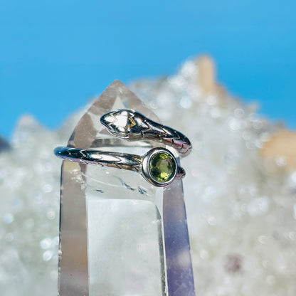 Faceted Moldavite 925 Silver Snake Adjustable Ring
