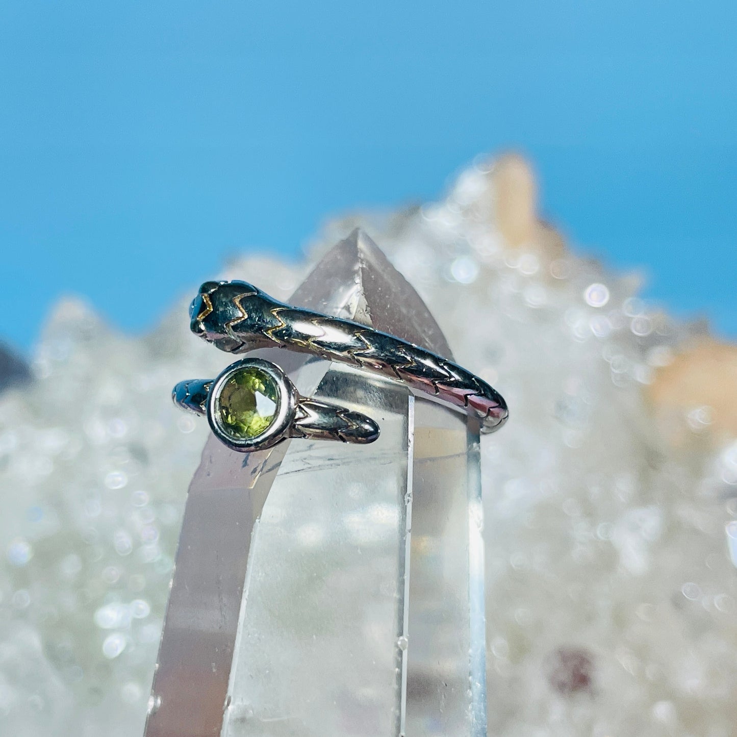 Faceted Moldavite 925 Silver Snake Adjustable Ring