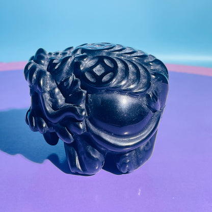 Obsidian 'Pixiu' Dragon with Offering Coins Medium Carving