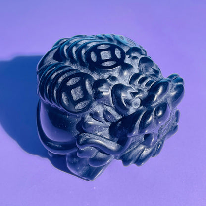 Obsidian 'Pixiu' Dragon with Offering Coins Medium Carving