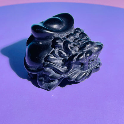 Obsidian 'Pixiu' Dragon with Gold Ingot Medium Carving