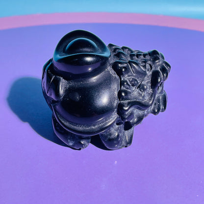 Obsidian 'Pixiu' Dragon with Gold Ingot Medium Carving