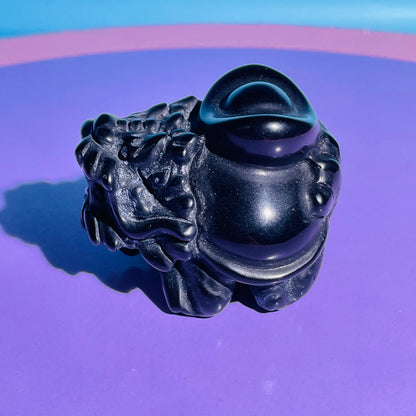Obsidian 'Pixiu' Dragon with Gold Ingot Medium Carving