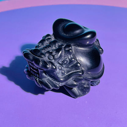 Obsidian 'Pixiu' Dragon with Gold Ingot Medium Carving