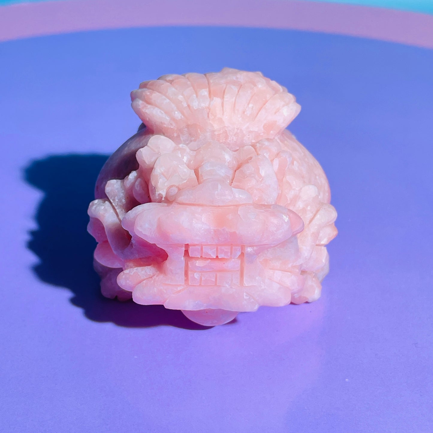 Pink Opal 'Pixiu' Dragon with Offering Shell Medium Carving
