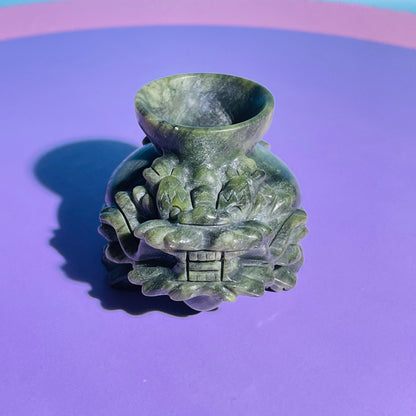 Green Jade 'Pixiu' Dragon with Offering Bowl Medium Carving
