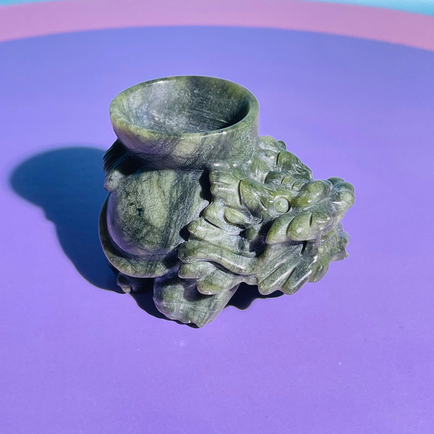 Green Jade 'Pixiu' Dragon with Offering Bowl Medium Carving