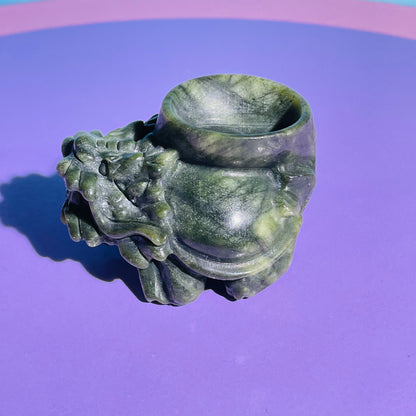 Green Jade 'Pixiu' Dragon with Offering Bowl Medium Carving