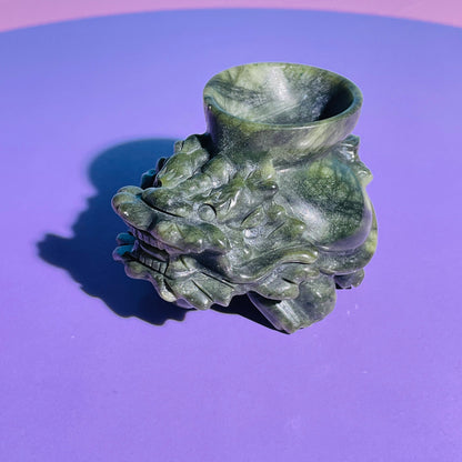Green Jade 'Pixiu' Dragon with Offering Bowl Medium Carving