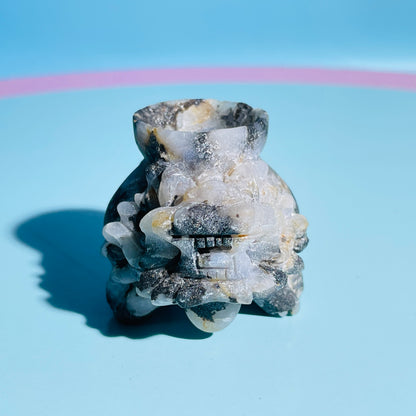 Black Tourmaline in Quartz 'Pixiu' Dragon with Offering Bowl Small Carving