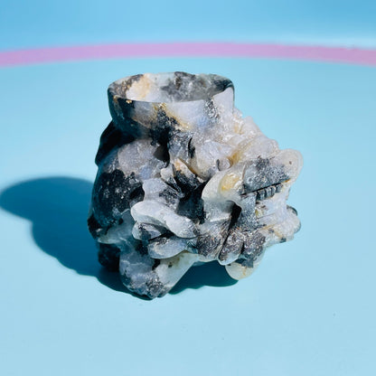 Black Tourmaline in Quartz 'Pixiu' Dragon with Offering Bowl Small Carving