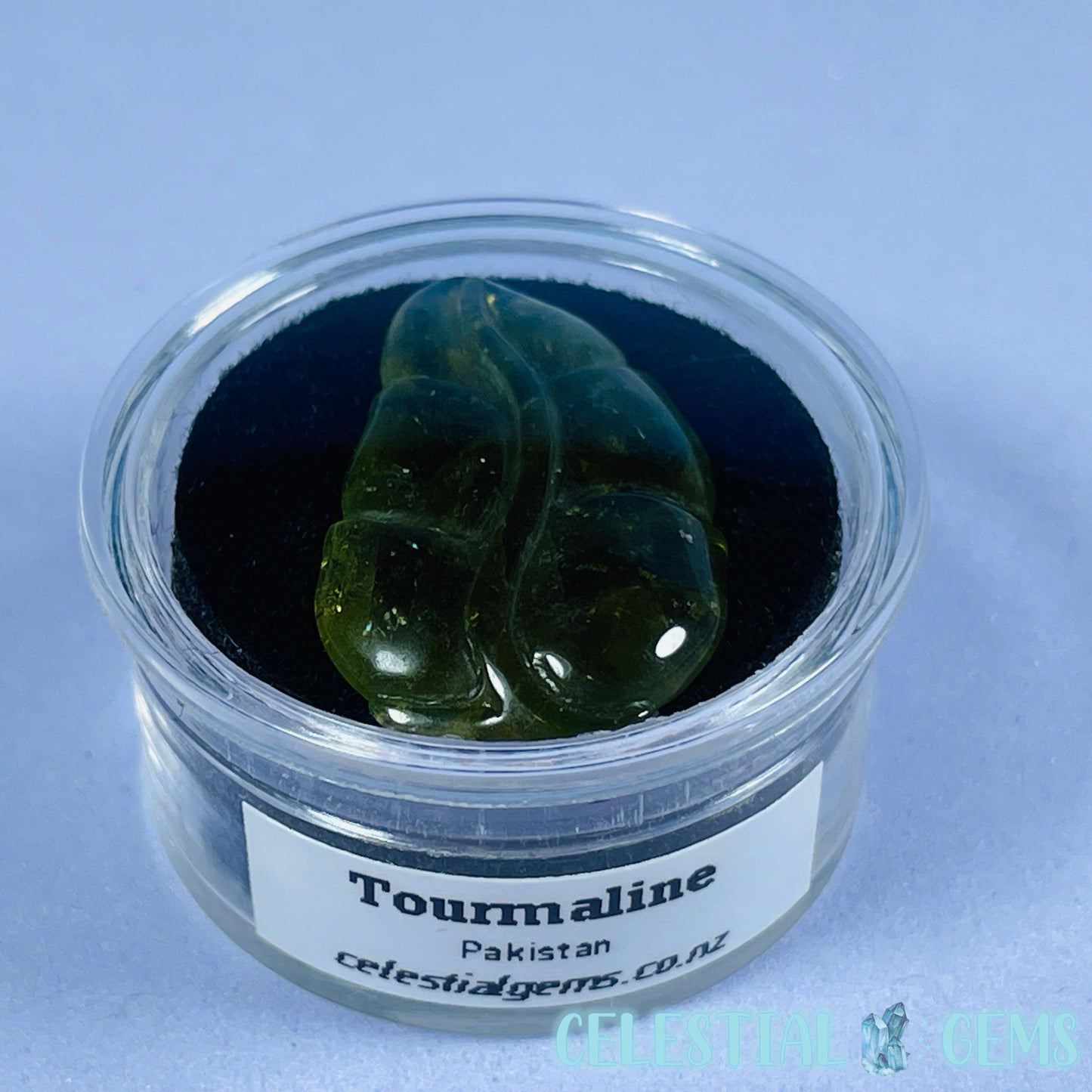 High Grade Green Verdilite Tourmaline Leaf Mini Carving in Specimen Pottle (Video)