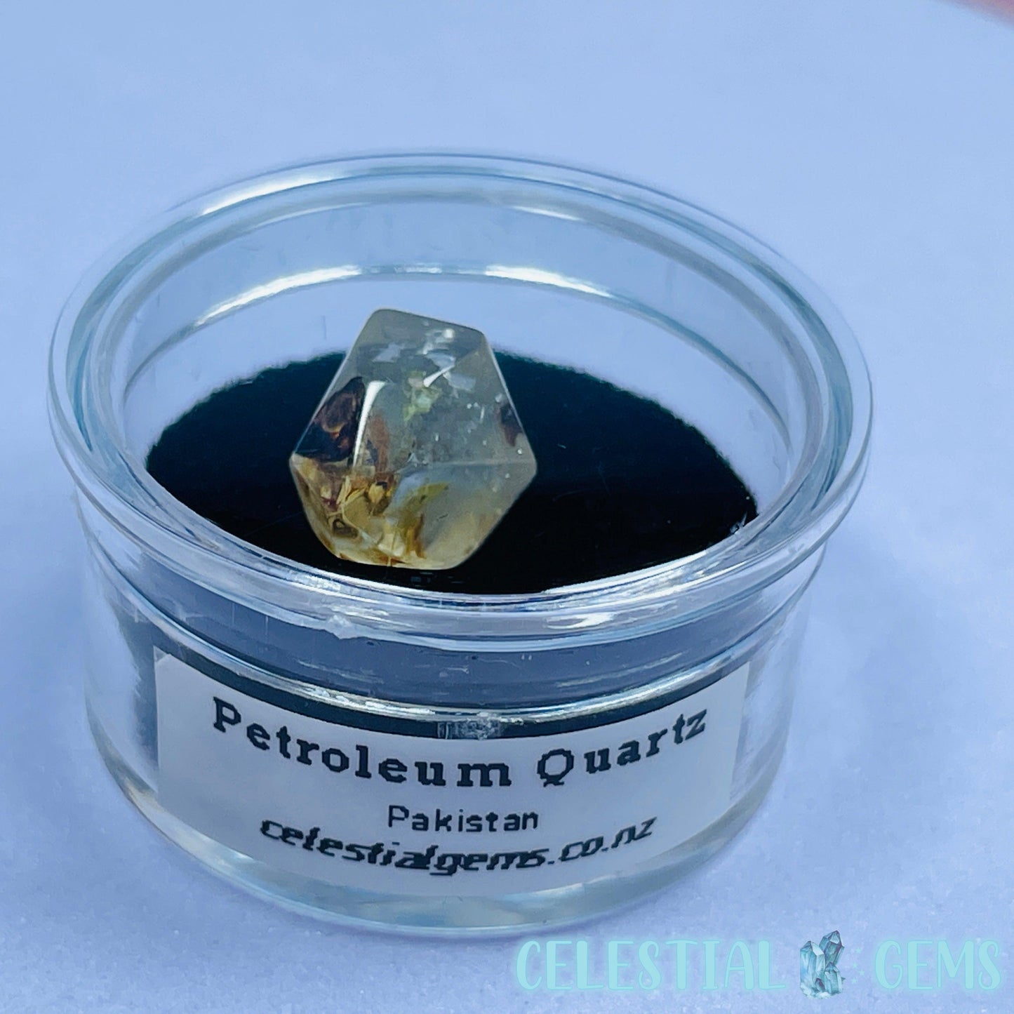 Petroleum Enhydro Quartz Mini Point in Specimen Pottle (Video)