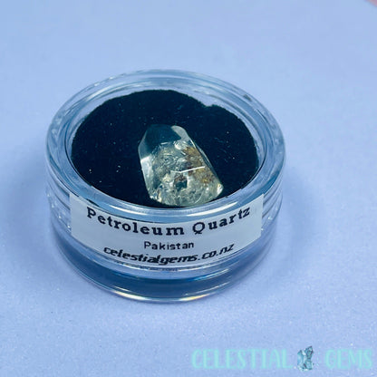 Petroleum Enhydro Quartz Mini Point in Specimen Pottle (Video)