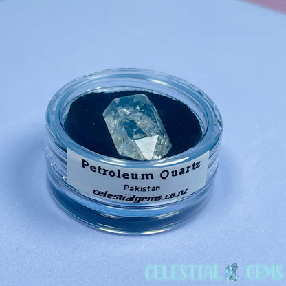 Petroleum Enhydro Quartz Mini Point in Specimen Pottle (Video)