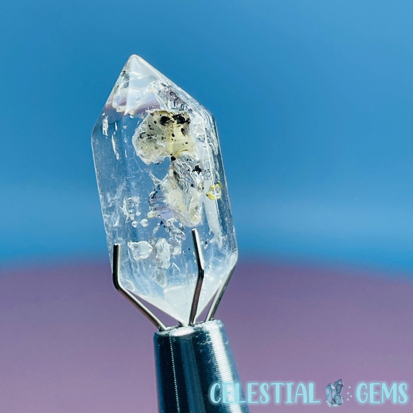 Petroleum Enhydro Quartz Mini Point in Specimen Pottle (Video)