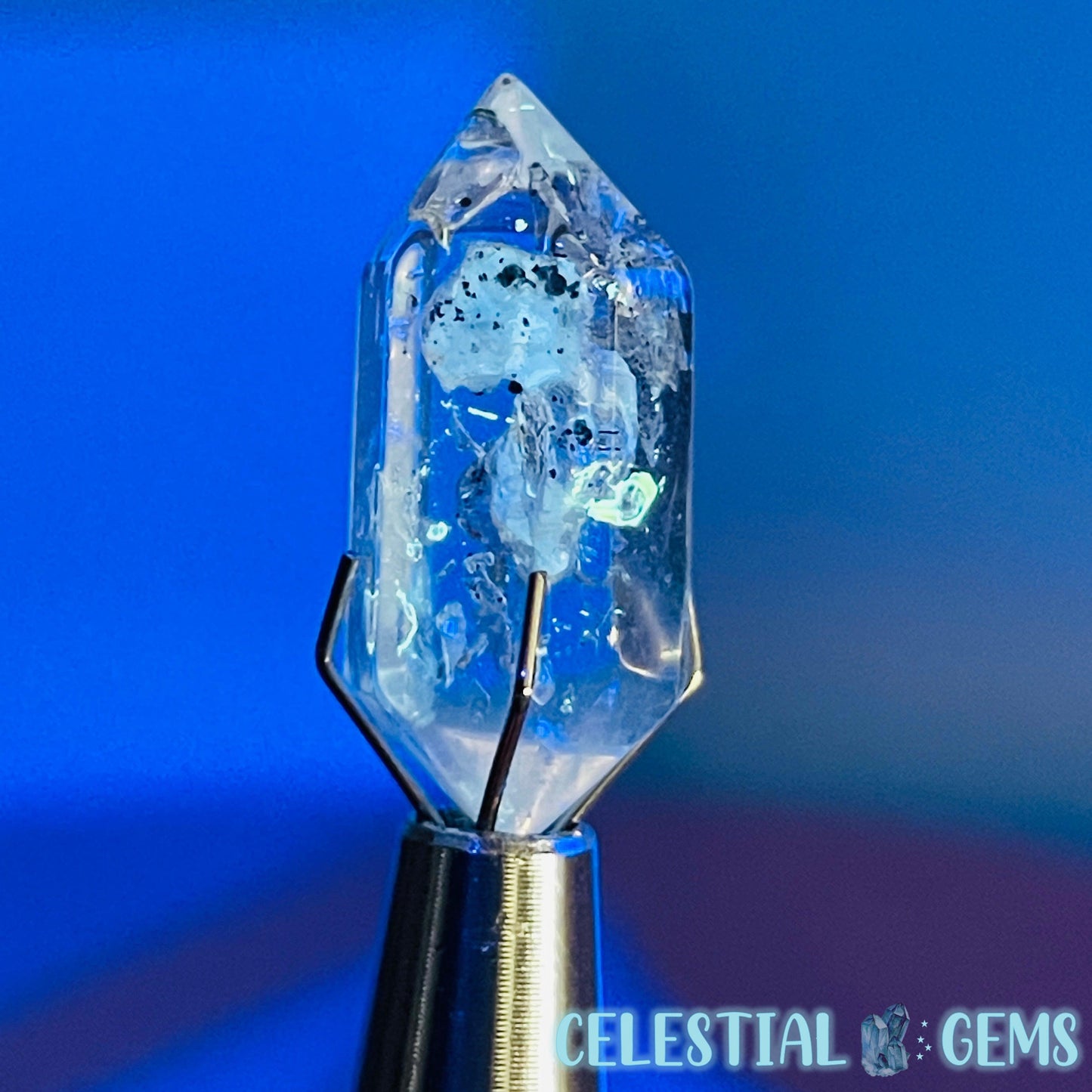 Petroleum Enhydro Quartz Mini Point in Specimen Pottle (Video)