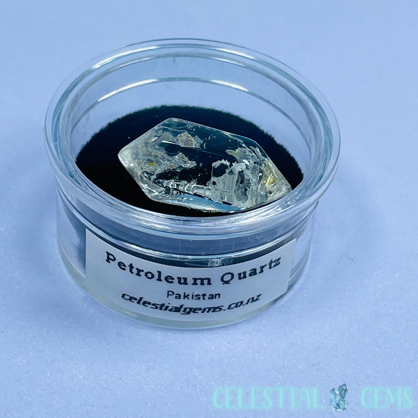 Petroleum Enhydro Quartz Mini Point in Specimen Pottle (Video)