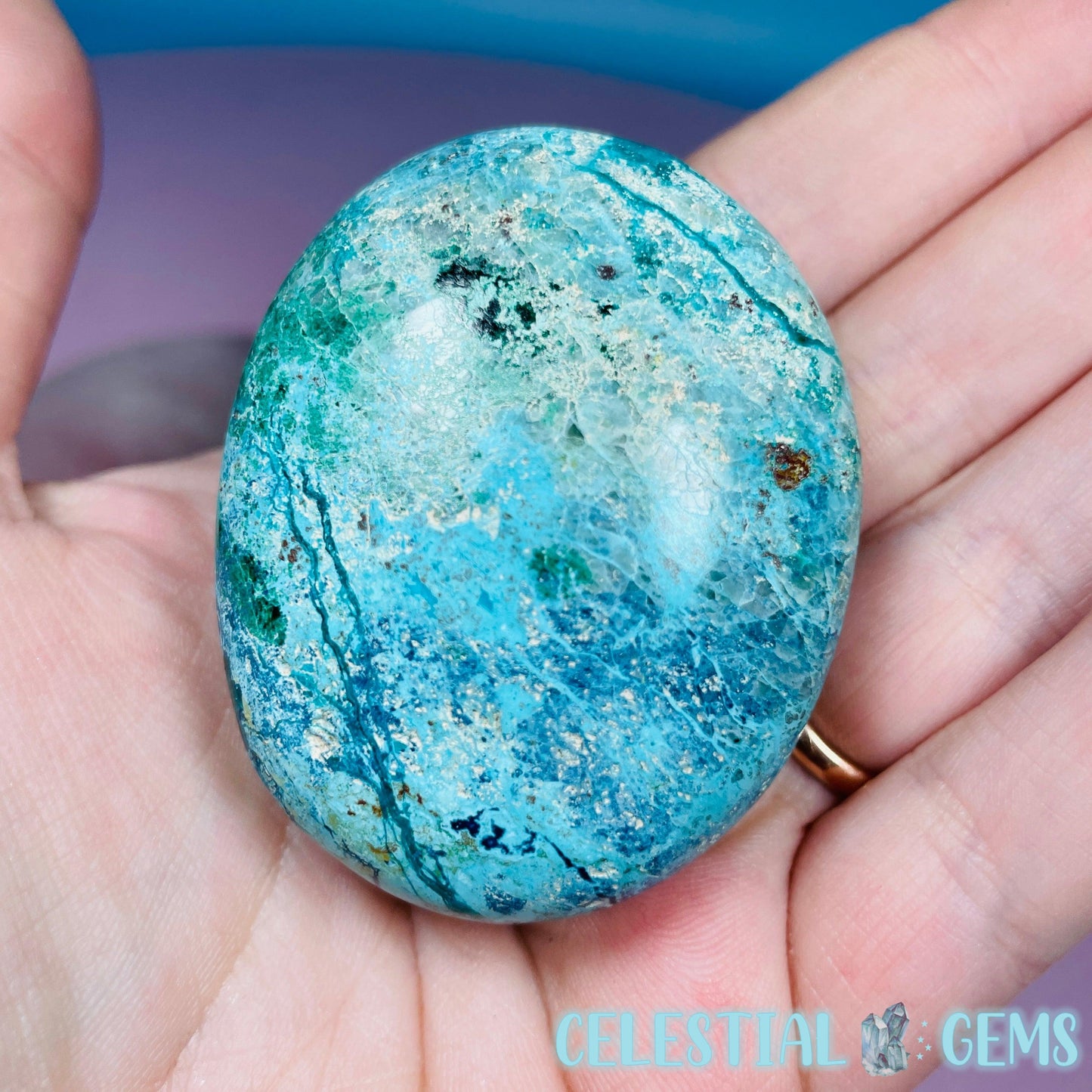 Chrysocolla, Shattuckite, Malachite + Dioptase Palmstone