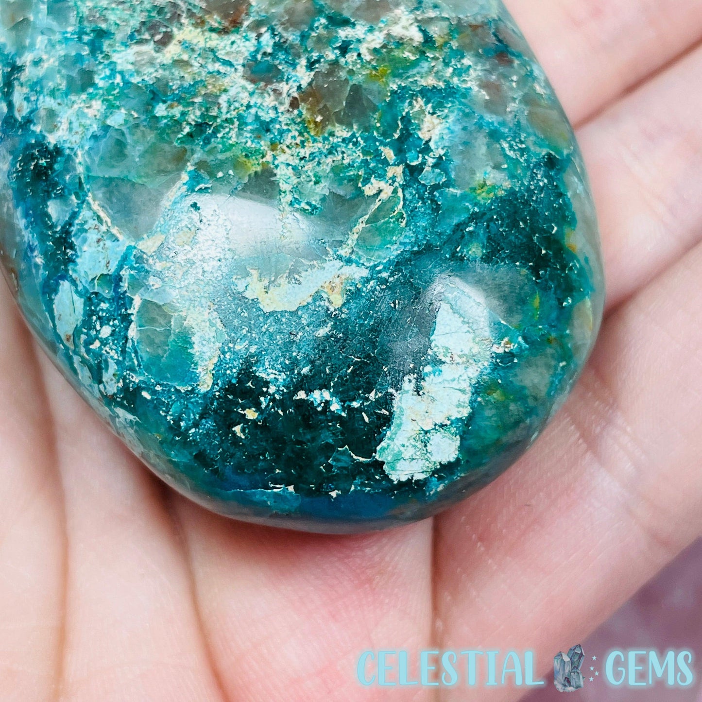 Chrysocolla, Shattuckite, Quartz + Dioptase Palmstone