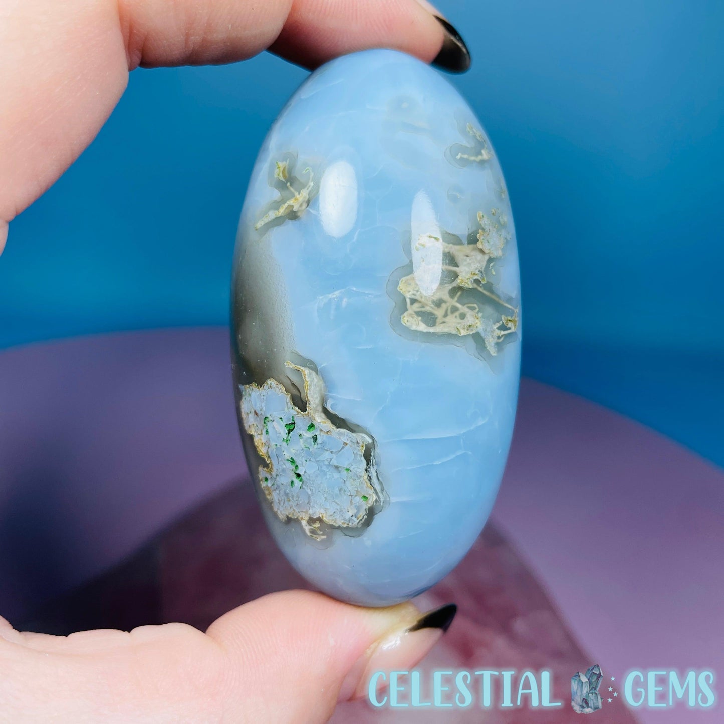 Owhyee Blue Opal with Moss Agate Oval Shiva Lingam Stone