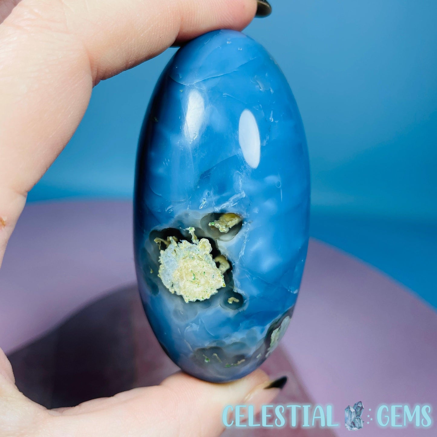 Owhyee Blue Opal with Moss Agate Oval Shiva Lingam Stone