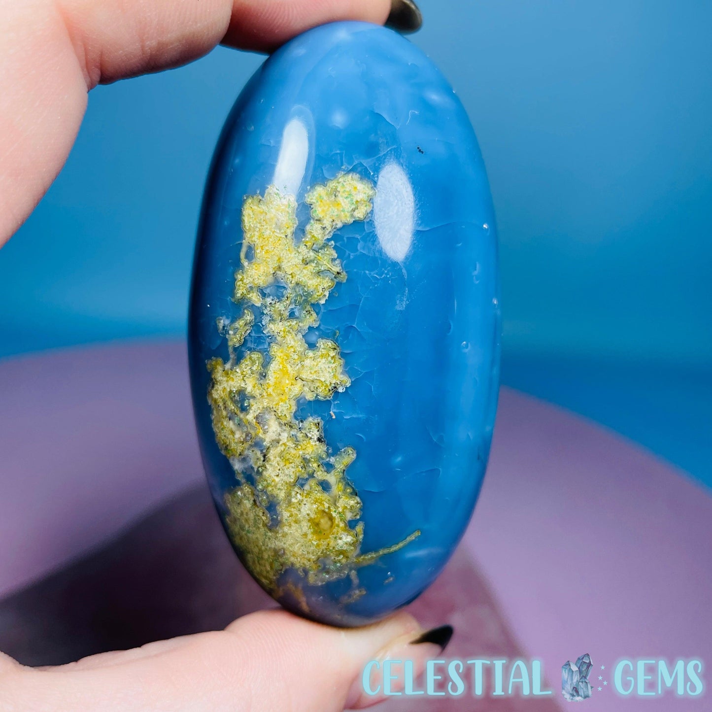 Owhyee Blue Opal with Moss Agate Oval Shiva Lingam Stone