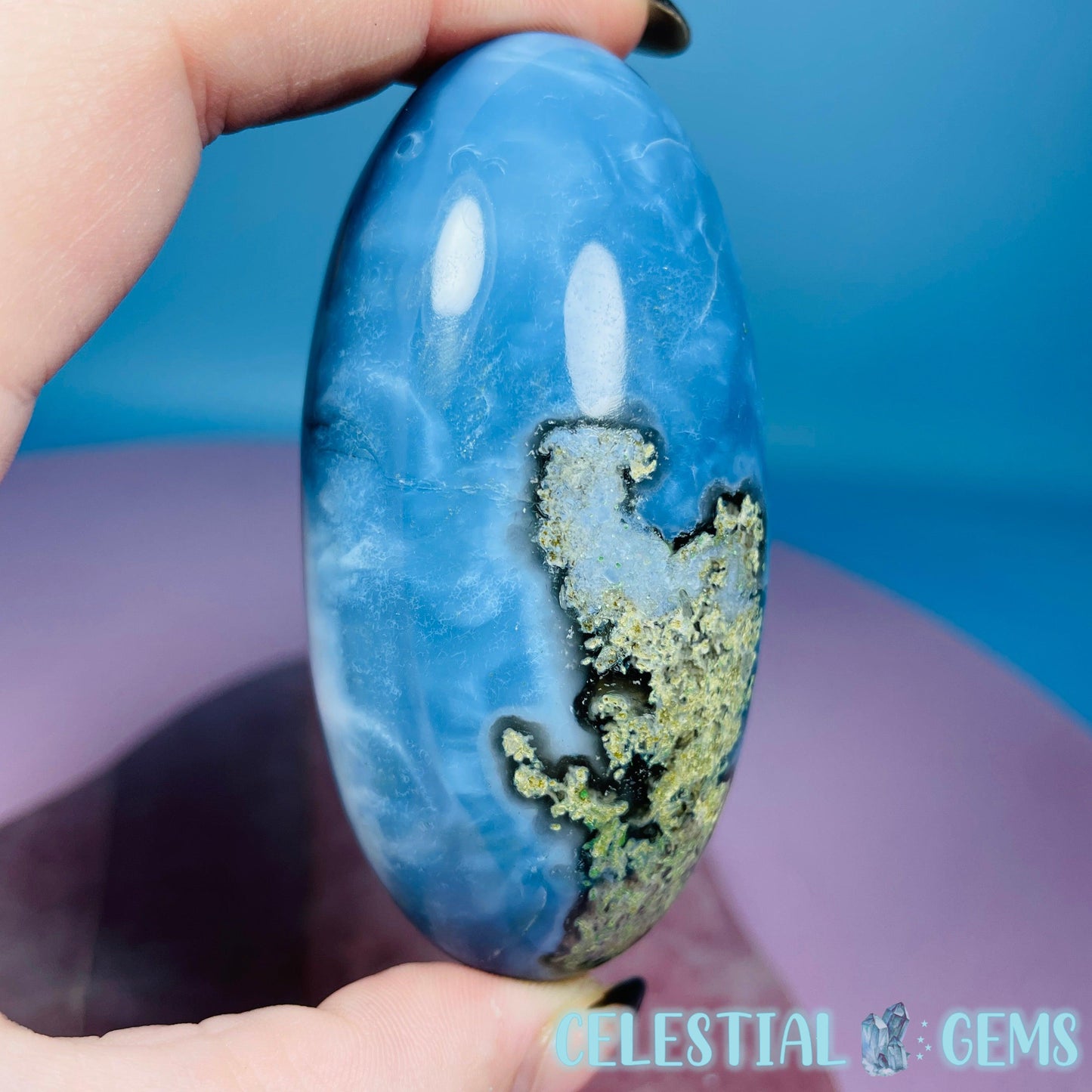 Owhyee Blue Opal with Moss Agate Oval Shiva Lingam Stone