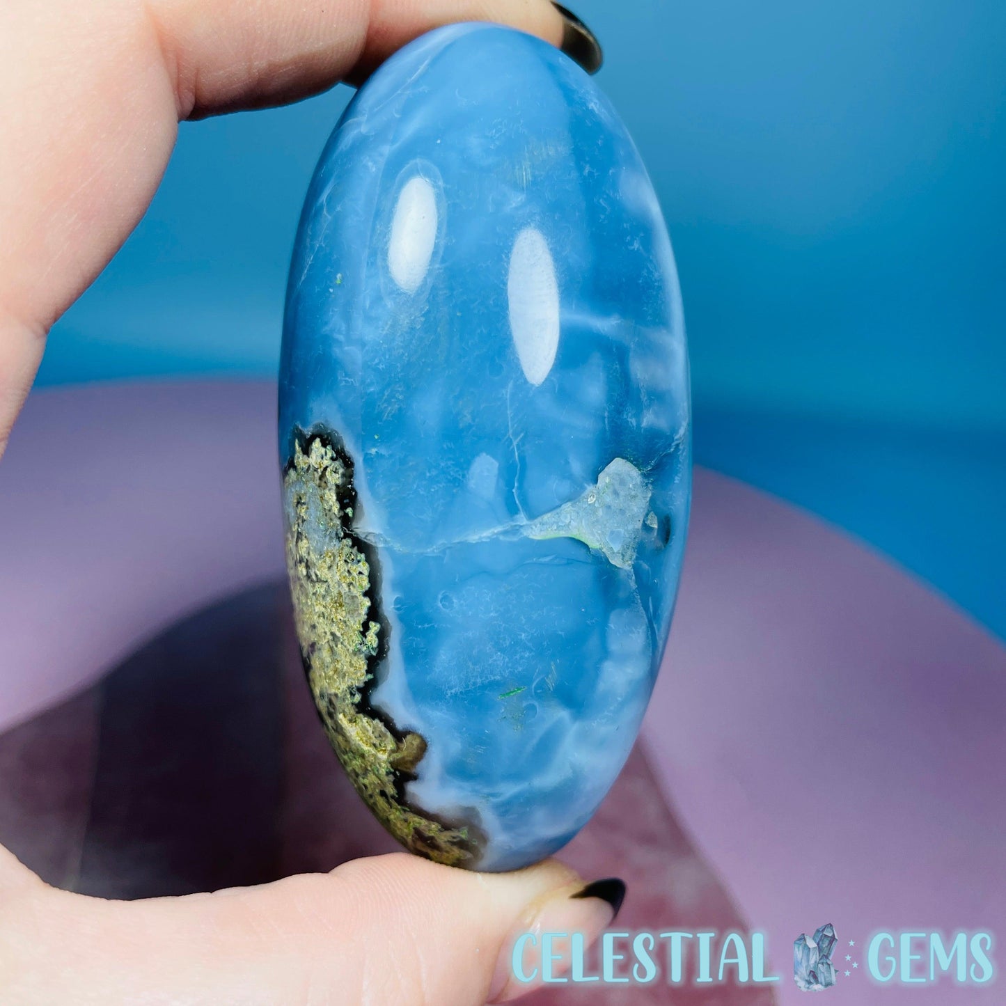 Owhyee Blue Opal with Moss Agate Oval Shiva Lingam Stone