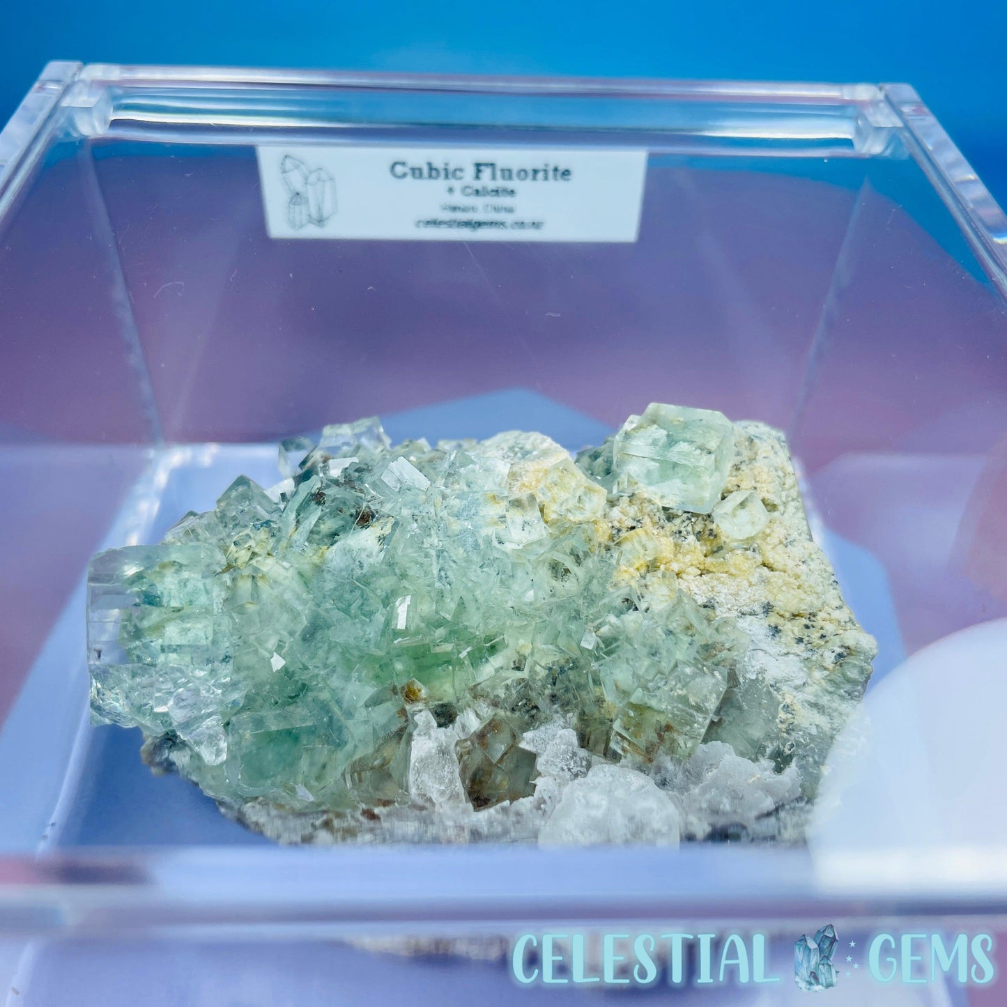 Green Cubic Fluorite + Calcite Medium Cluster Specimen in Box