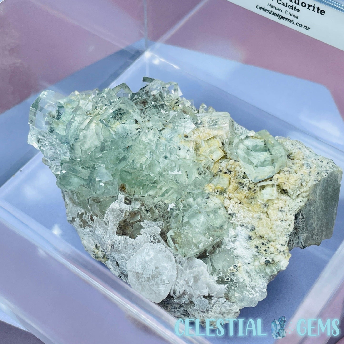 Green Cubic Fluorite + Calcite Medium Cluster Specimen in Box