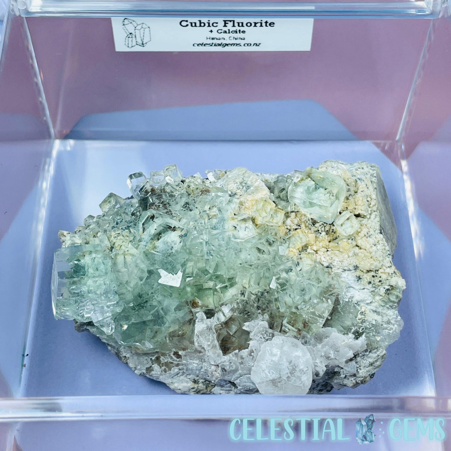 Green Cubic Fluorite + Calcite Medium Cluster Specimen in Box