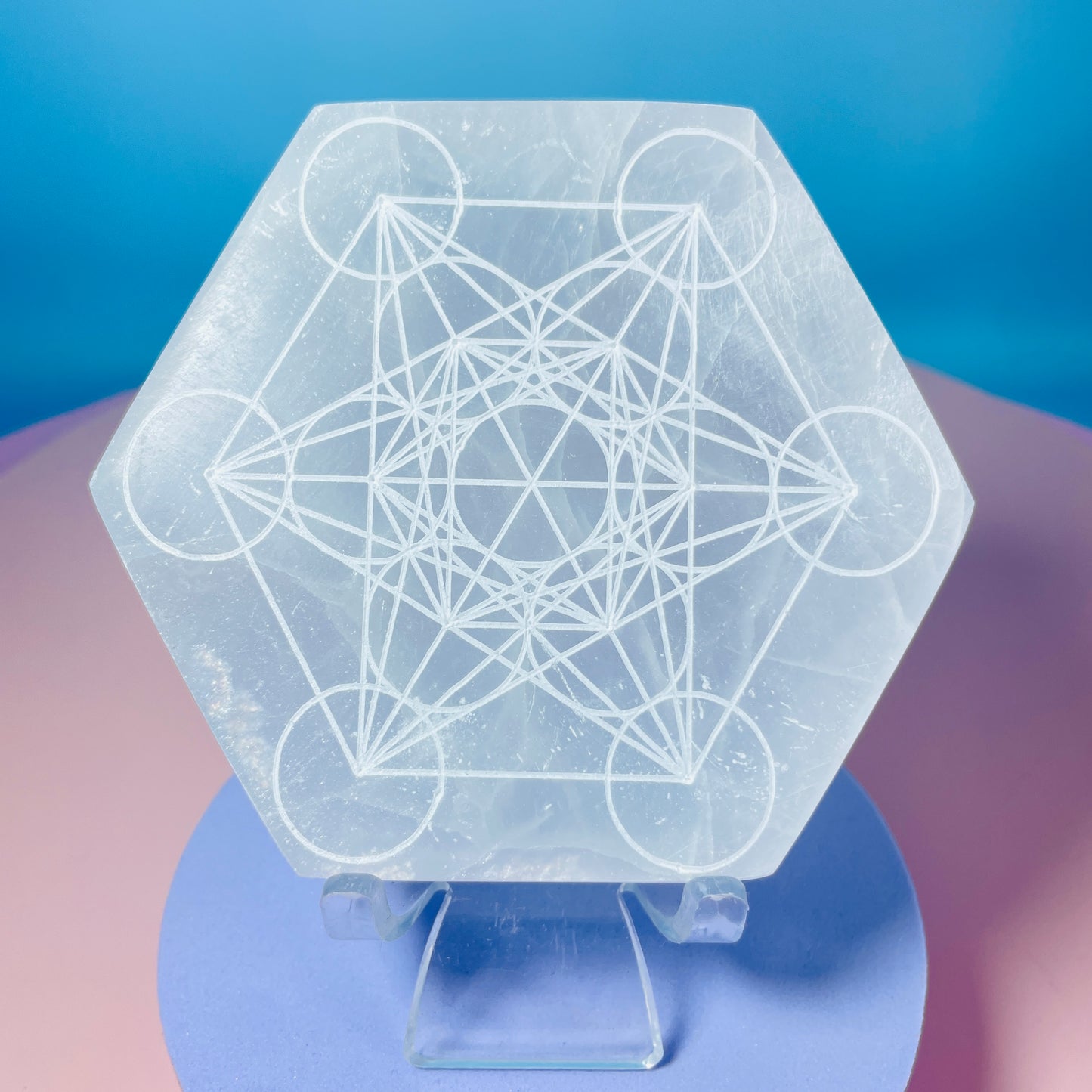 Selenite (Satin Spar) Etched Sacred Geometry Hexagon Cleansing Plate 10cm
