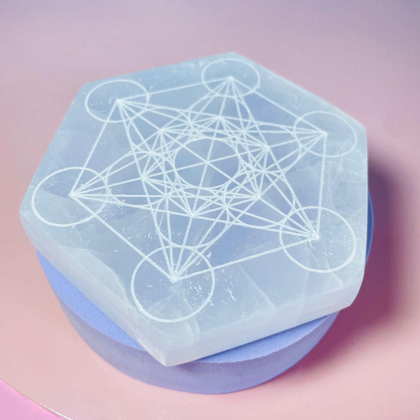 Selenite (Satin Spar) Etched Sacred Geometry Hexagon Cleansing Plate 10cm
