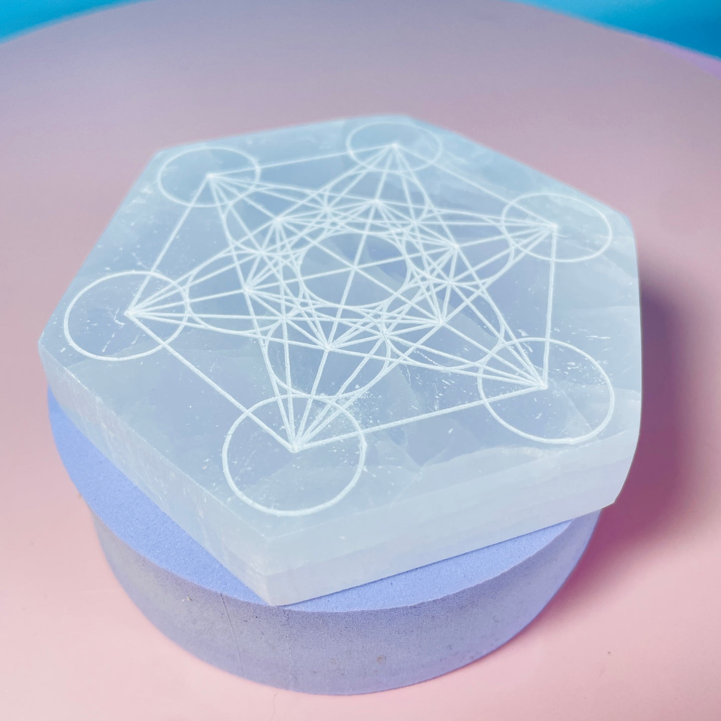 Selenite (Satin Spar) Etched Sacred Geometry Hexagon Cleansing Plate 10cm