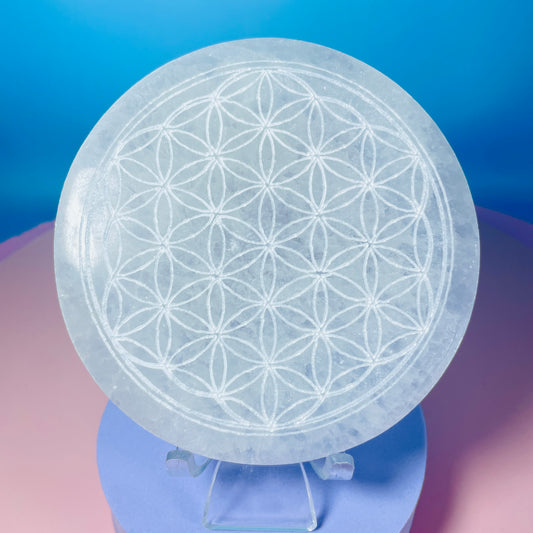 Selenite (Satin Spar) Etched Flower of Life Round Cleansing Plate 10cm