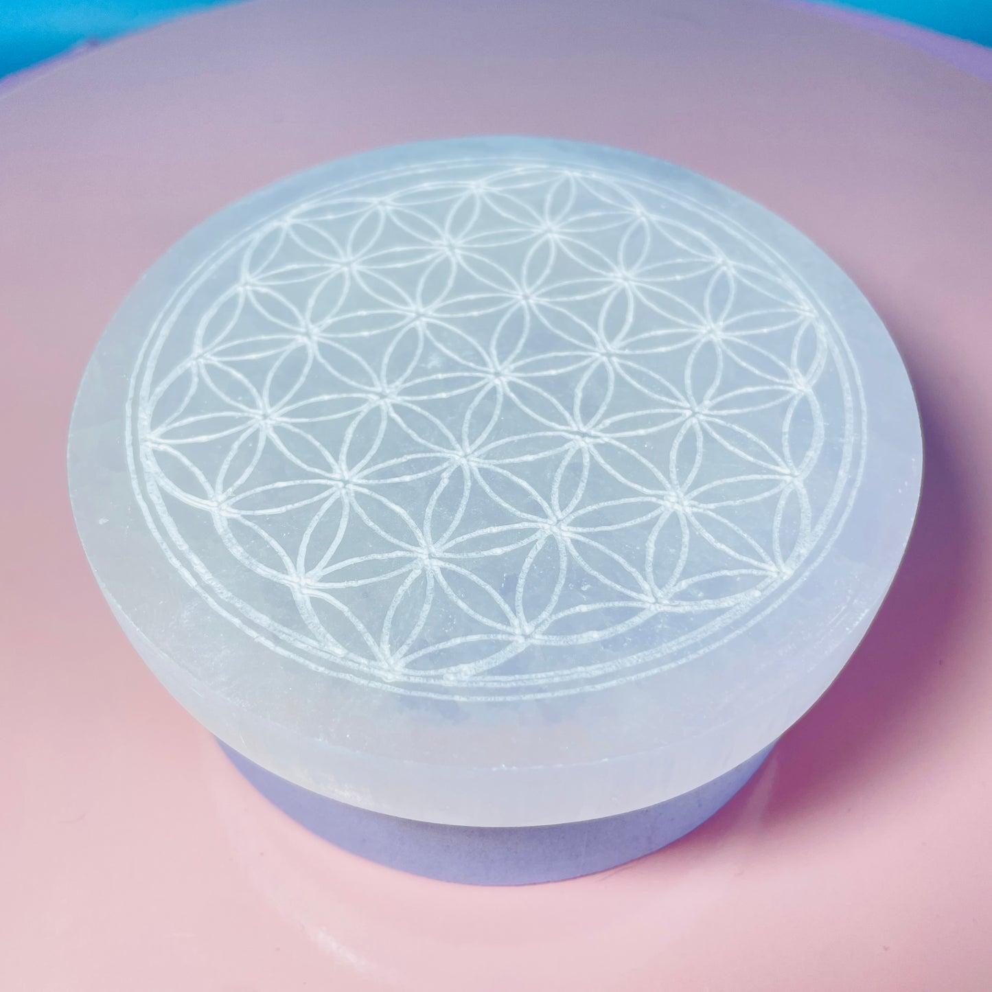 Selenite (Satin Spar) Etched Flower of Life Round Cleansing Plate 10cm