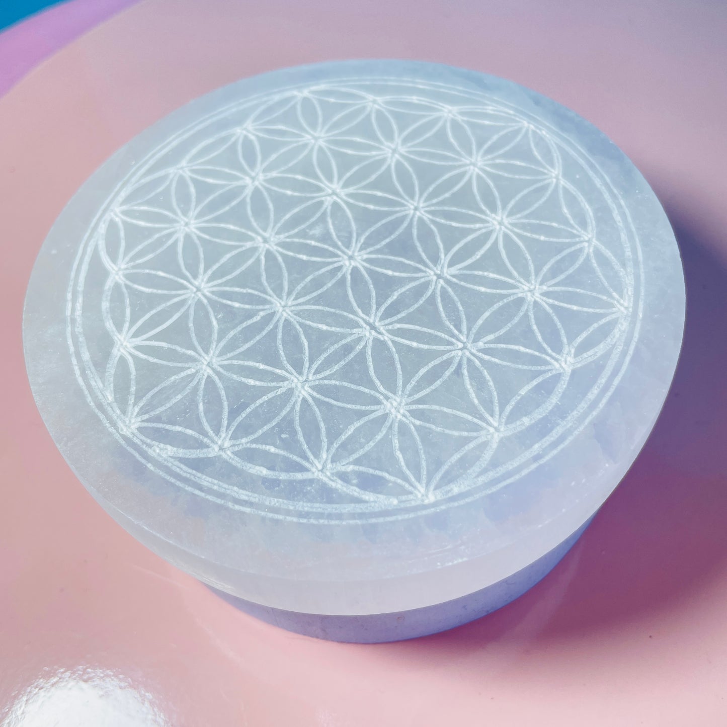 Selenite (Satin Spar) Etched Flower of Life Round Cleansing Plate 10cm