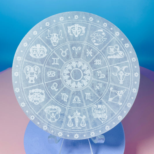Selenite (Satin Spar) Etched 12 Zodiac Round Cleansing Plate 10cm
