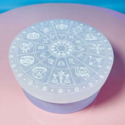 Selenite (Satin Spar) Etched 12 Zodiac Round Cleansing Plate 10cm
