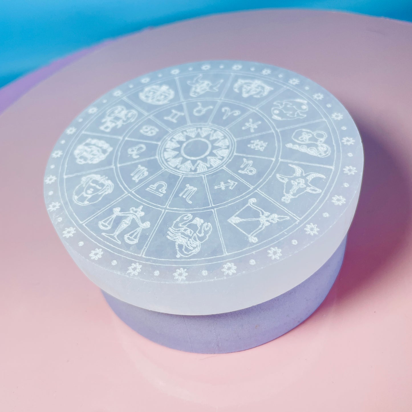 Selenite (Satin Spar) Etched 12 Zodiac Round Cleansing Plate 10cm