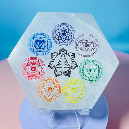 Selenite (Satin Spar) Etched Rainbow Chakra Hexagon Cleansing Plate 10cm